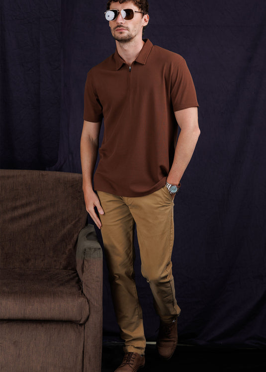 Waffle polo T-shiirt with Zipper