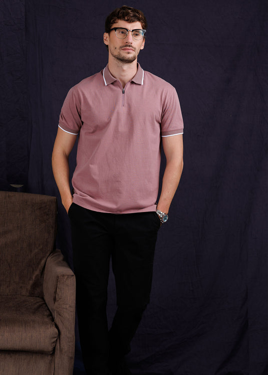 Casual wear zip neck polo collar S/S T-Shirt