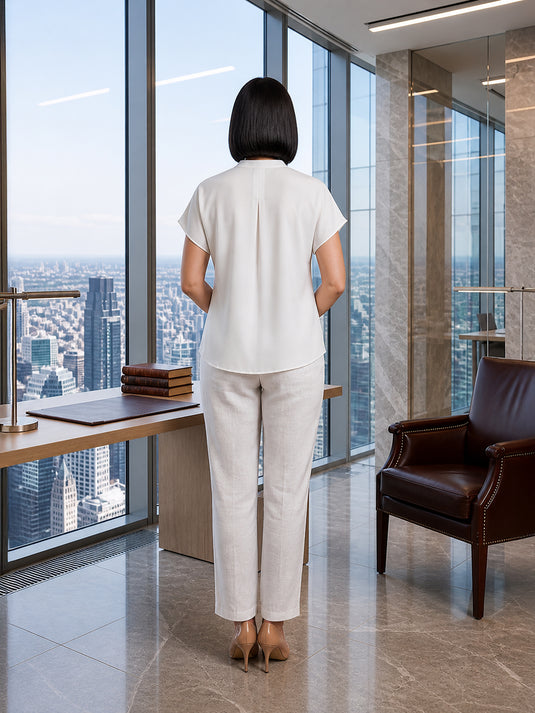 Mandarin collar blouse with pleat