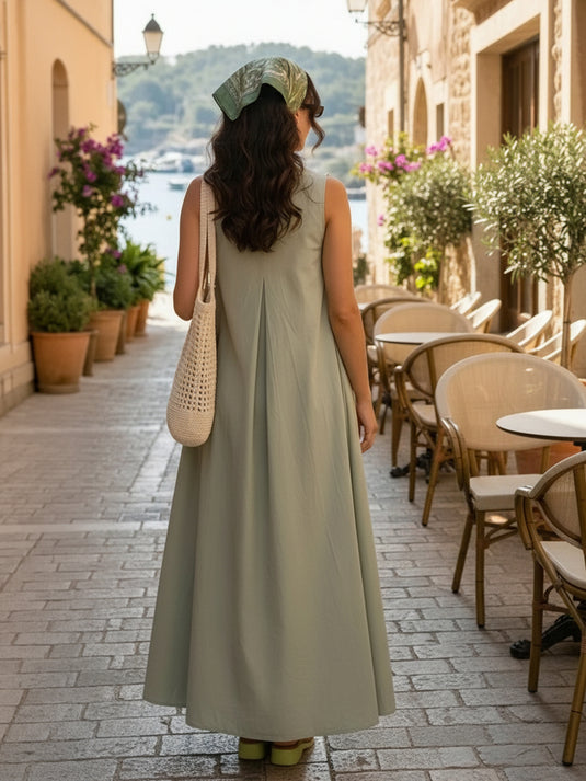 Sleeveless V neck maxi dress with front pleat