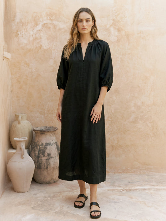 Puff sleeve premium linen dress