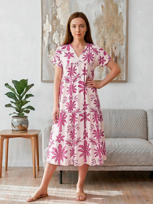 V neck printed tiered dress