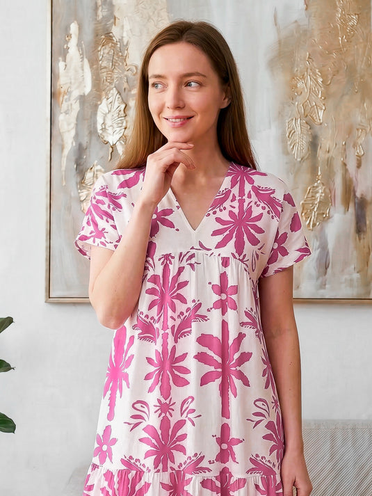 V neck printed tiered dress