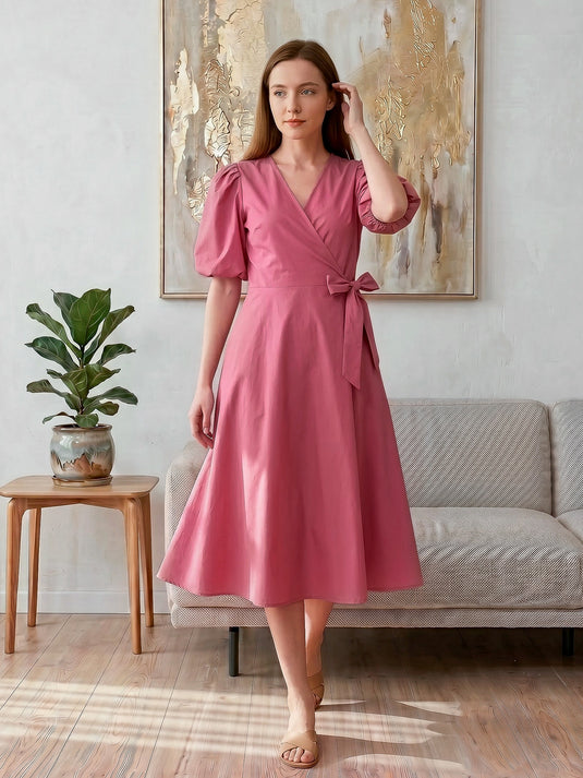Basic wrap dress with puff sleeves