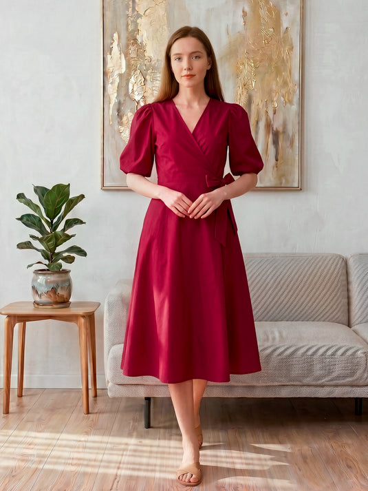 Basic wrap dress with puff sleeves