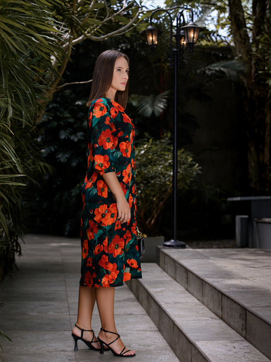 V neck printed button down dress