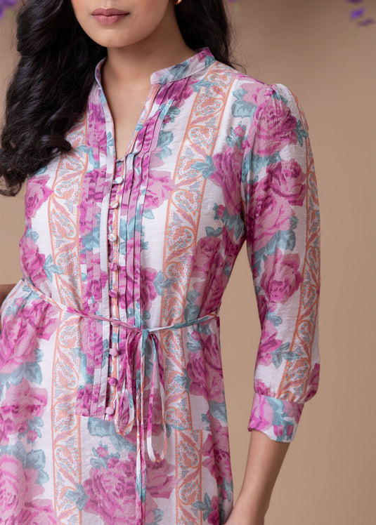 Printed dress with pintuck detail