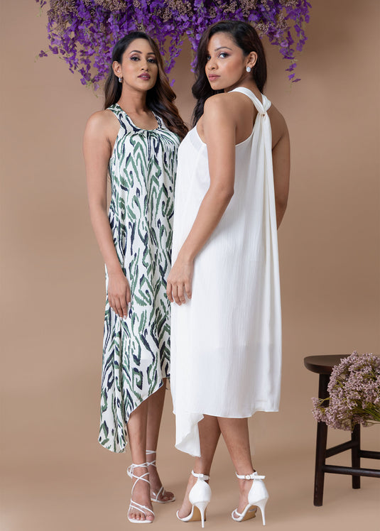 Halter dress with asymmetrical hem