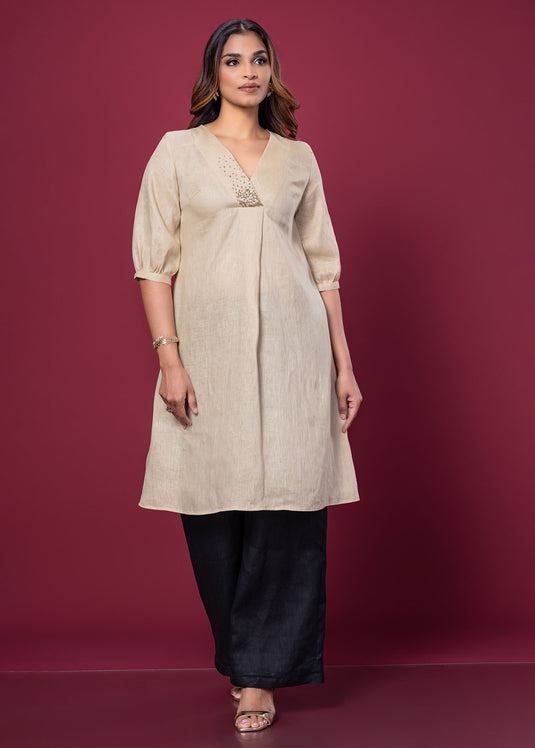 Hand Embroidered V Neck Linen Kurtha Top