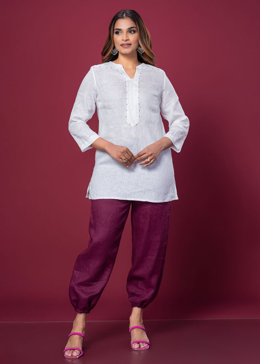 Beaded Linen Blouse With Three Quarter Sleeves