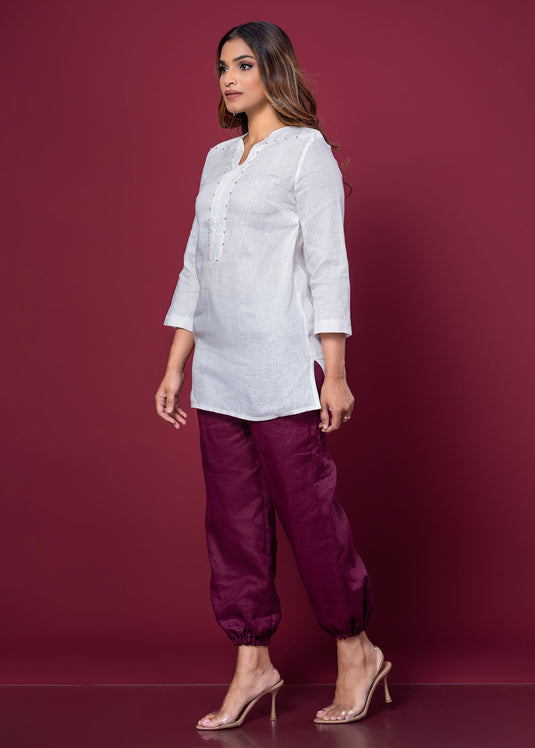 Beaded Linen Blouse With Three Quarter Sleeves