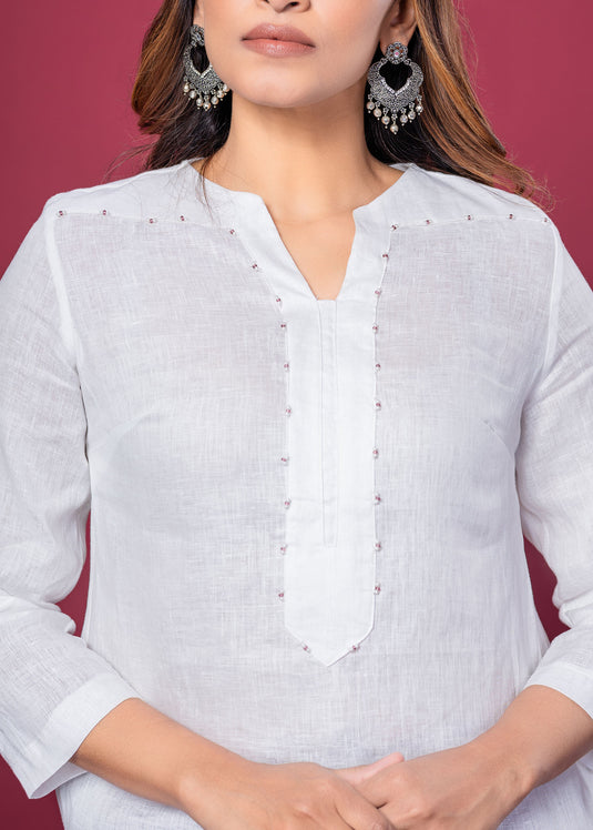 Beaded Linen Blouse With Three Quarter Sleeves
