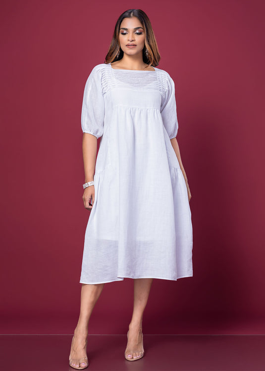 Pintuck Detailed Linen Dress With Side Panels