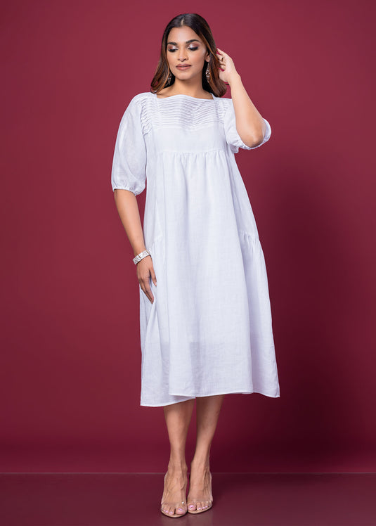 Pintuck Detailed Linen Dress With Side Panels