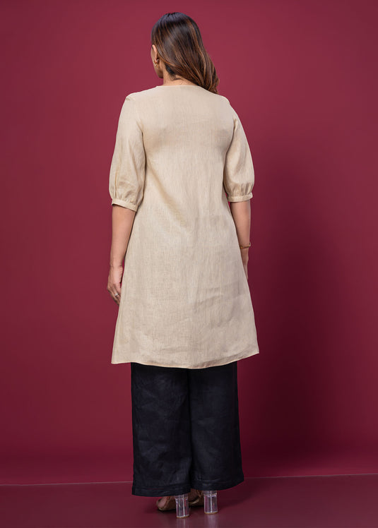 Hand Embroidered V Neck Linen Kurtha Top