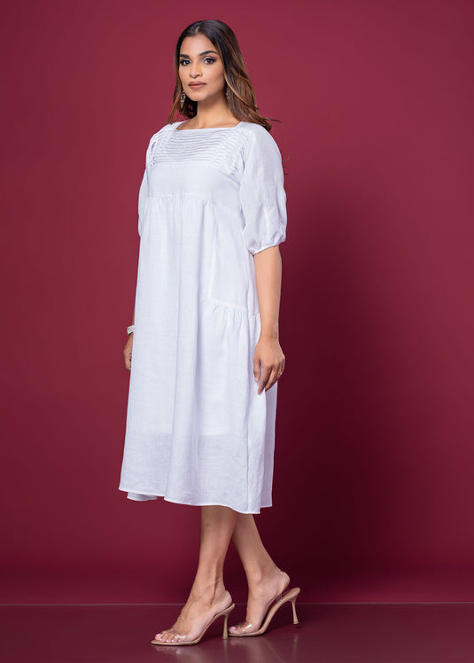 Pintuck Detailed Linen Dress With Side Panels