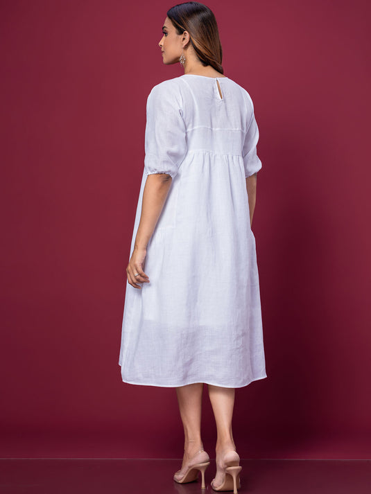Pintuck Detailed Linen Dress With Side Panels