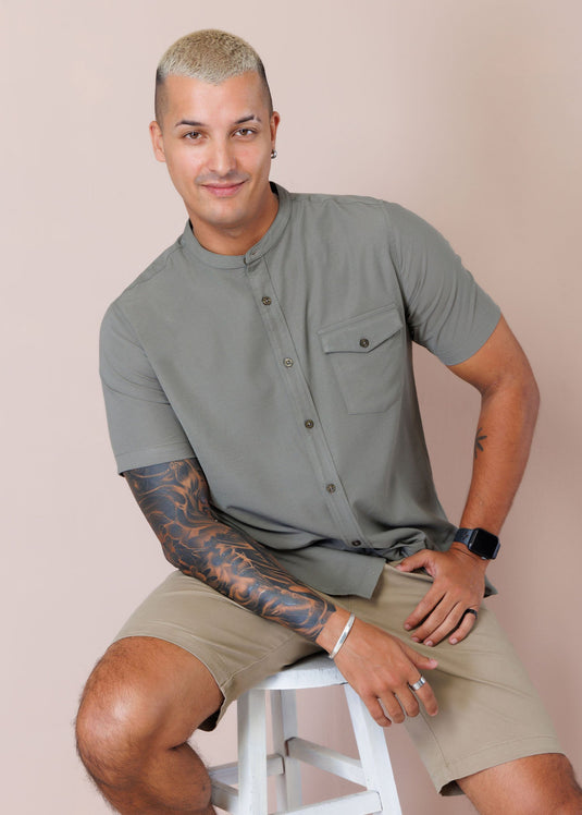 Manderin Collar S/S Shirt  With Flap PKT