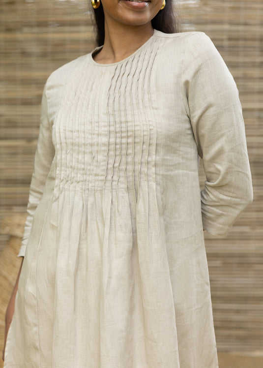 Linen Long Length Kurtha Top With Front Pin Tucks And High Side Slits