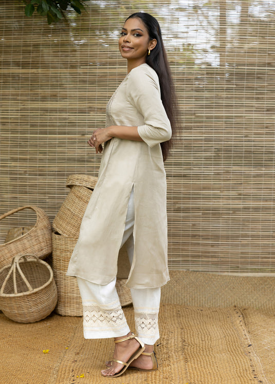 Linen Long Length Kurtha Top With Front Pin Tucks And High Side Slits