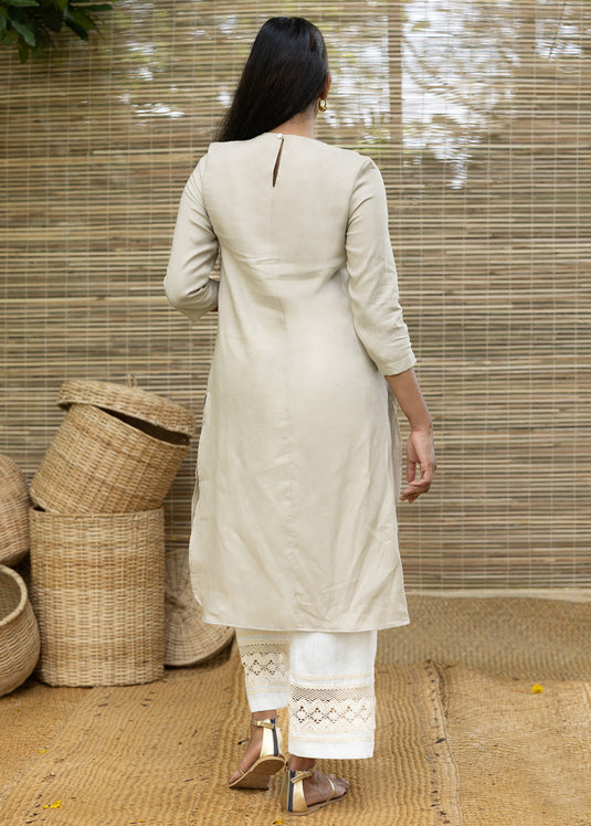 Linen Long Length Kurtha Top With Front Pin Tucks And High Side Slits
