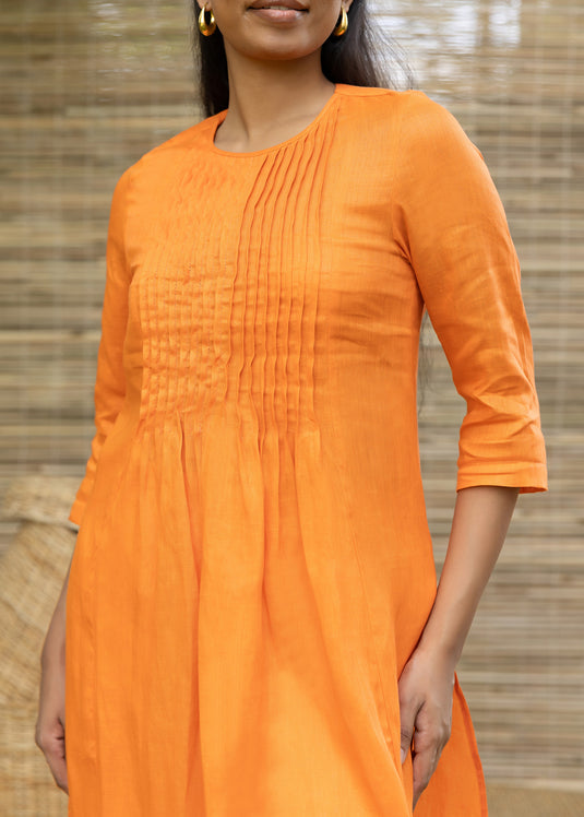 Linen Long Length Kurtha Top With Front Pin Tucks And High Side Slits