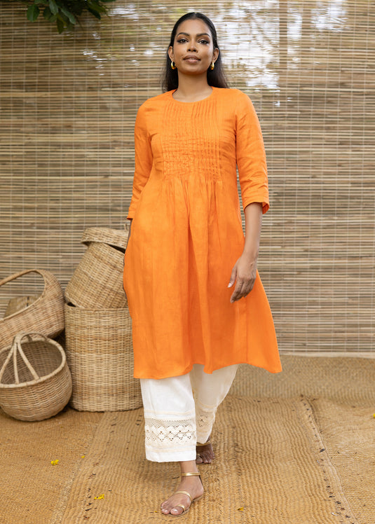 Linen Long Length Kurtha Top With Front Pin Tucks And High Side Slits