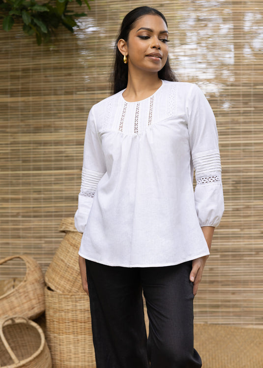 Linen Blouse With Lace And Pin Tuck Detail