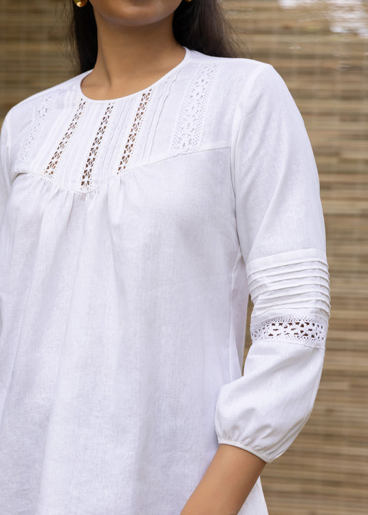 Linen Blouse With Lace And Pin Tuck Detail