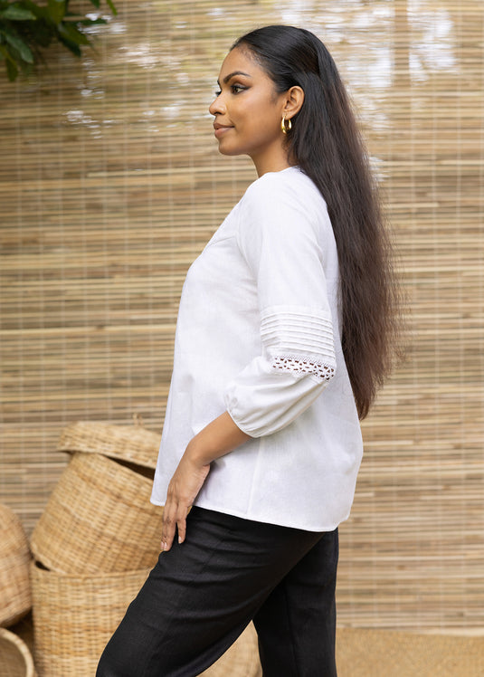 Linen Blouse With Lace And Pin Tuck Detail