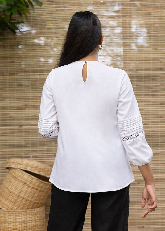Linen Blouse With Lace And Pin Tuck Detail