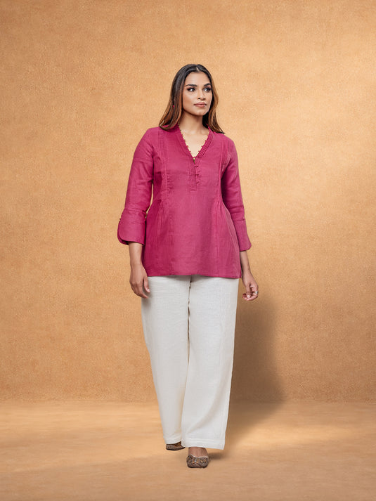 Linen Blouse With Pintuck And Bead Detailing