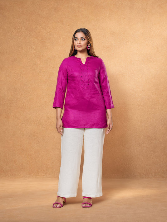 Beaded Linen Blouse With Three Quarter Sleeves