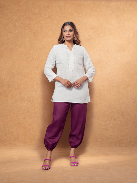 Beaded Linen Blouse With Three Quarter Sleeves