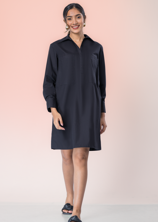 Long Sleeve Dress With Shot Placket And Large Front Pockets