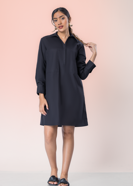 Long Sleeve Dress With Shot Placket And Large Front Pockets