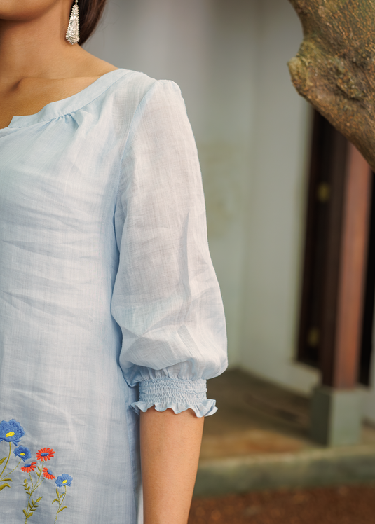 Drop Waist Ramie Dress With Embroidery