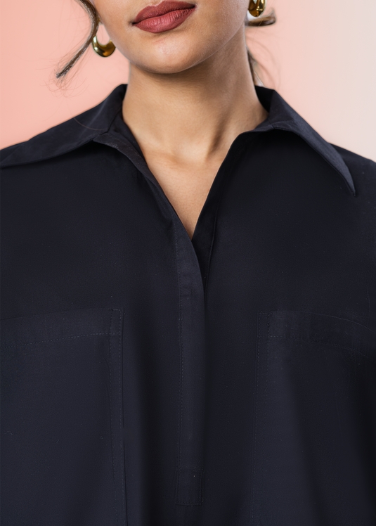 Long Sleeve Dress With Shot Placket And Large Front Pockets