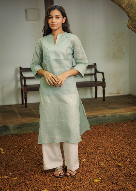 Long Ramie Kurtha With Hand Embroidery