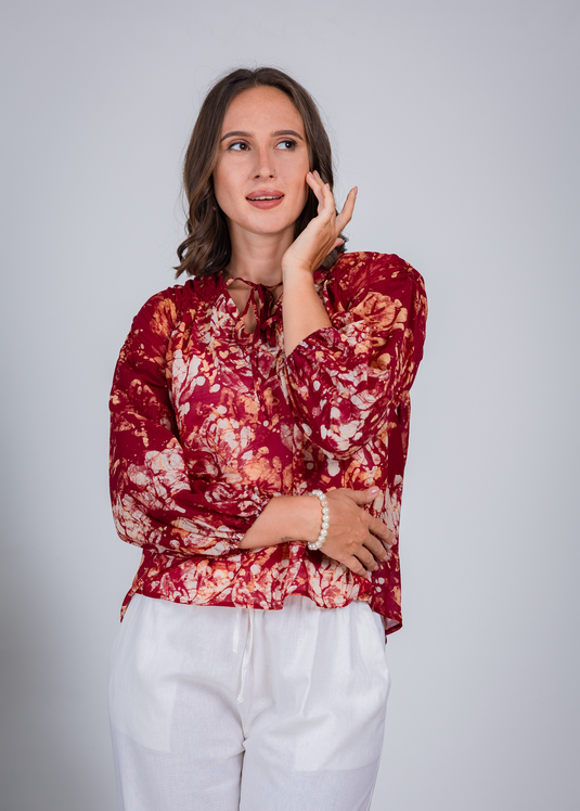 Batik Tie Front Top With Puff Long Sleeves