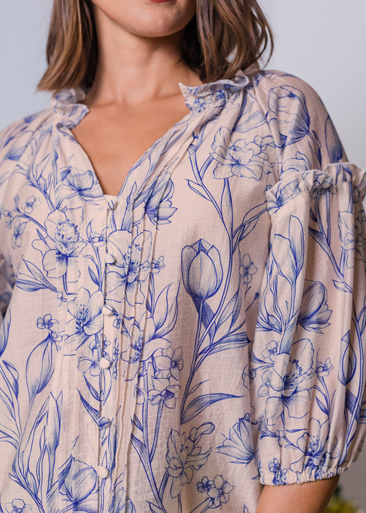 Printed Button Down Blouse With Frills And Pintucks