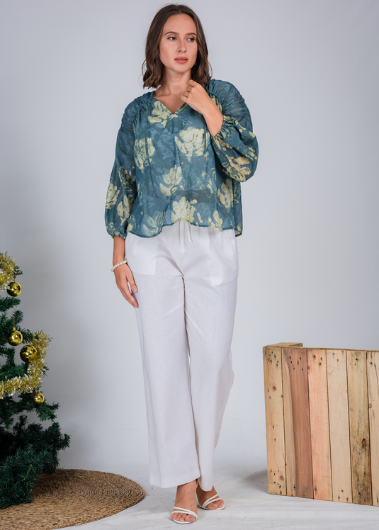 Batik Tie Front Top With Puff Long Sleeves