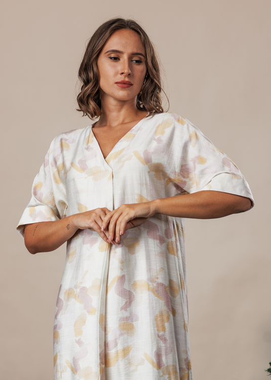 Printed V neck kimono sleeve midi dress