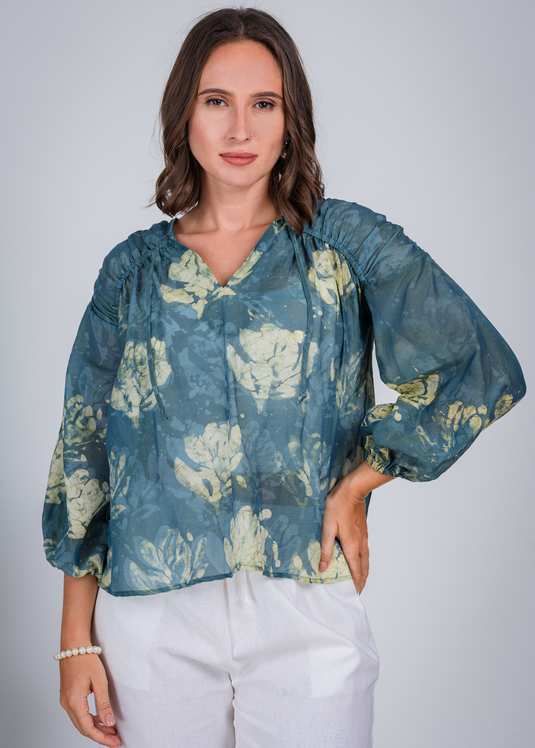 Batik Tie Front Top With Puff Long Sleeves