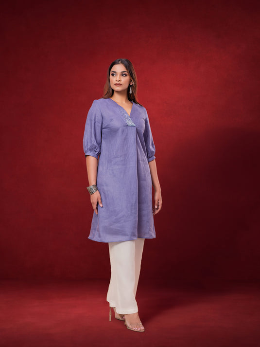 Hand Embroidered V Neck Linen Kurtha Top