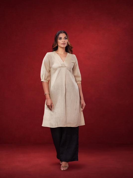 Hand Embroidered V Neck Linen Kurtha Top