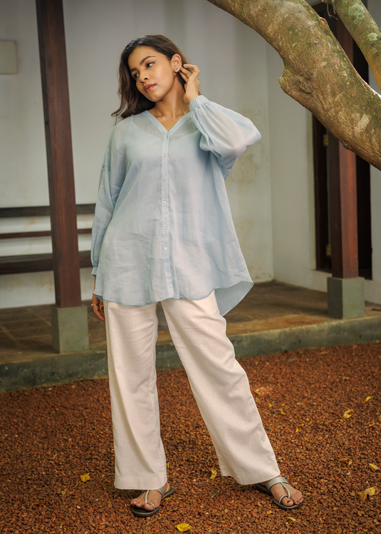 V Neck Oversized Button Down Ramie Blouse