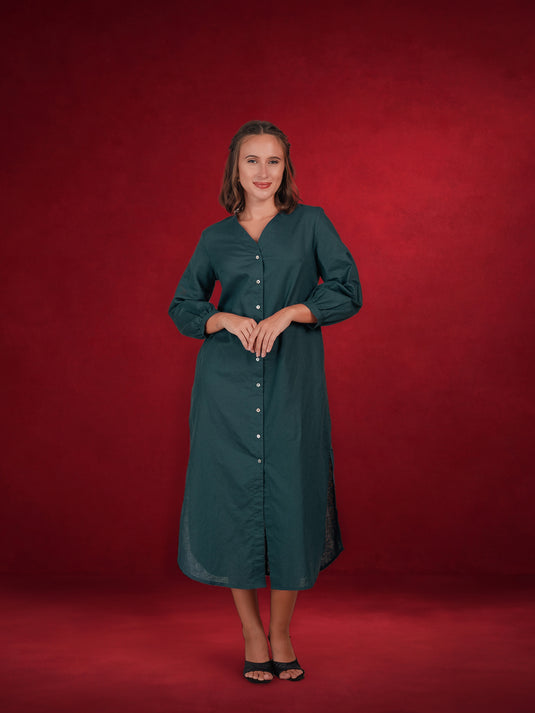 V Neck Long Sleeve Midi Dress With Buttons