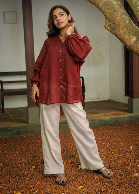 V Neck Oversized Button Down Ramie Blouse