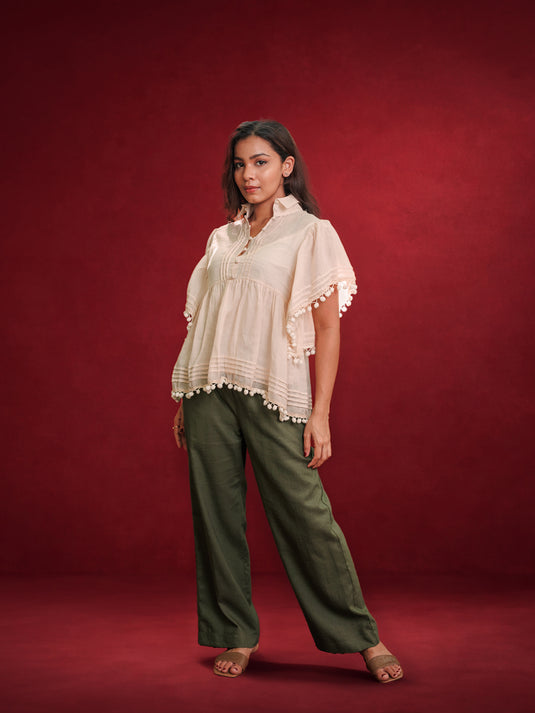 High Neck Button down Ramie Blouse With Pom Pom & Pintuck Detail